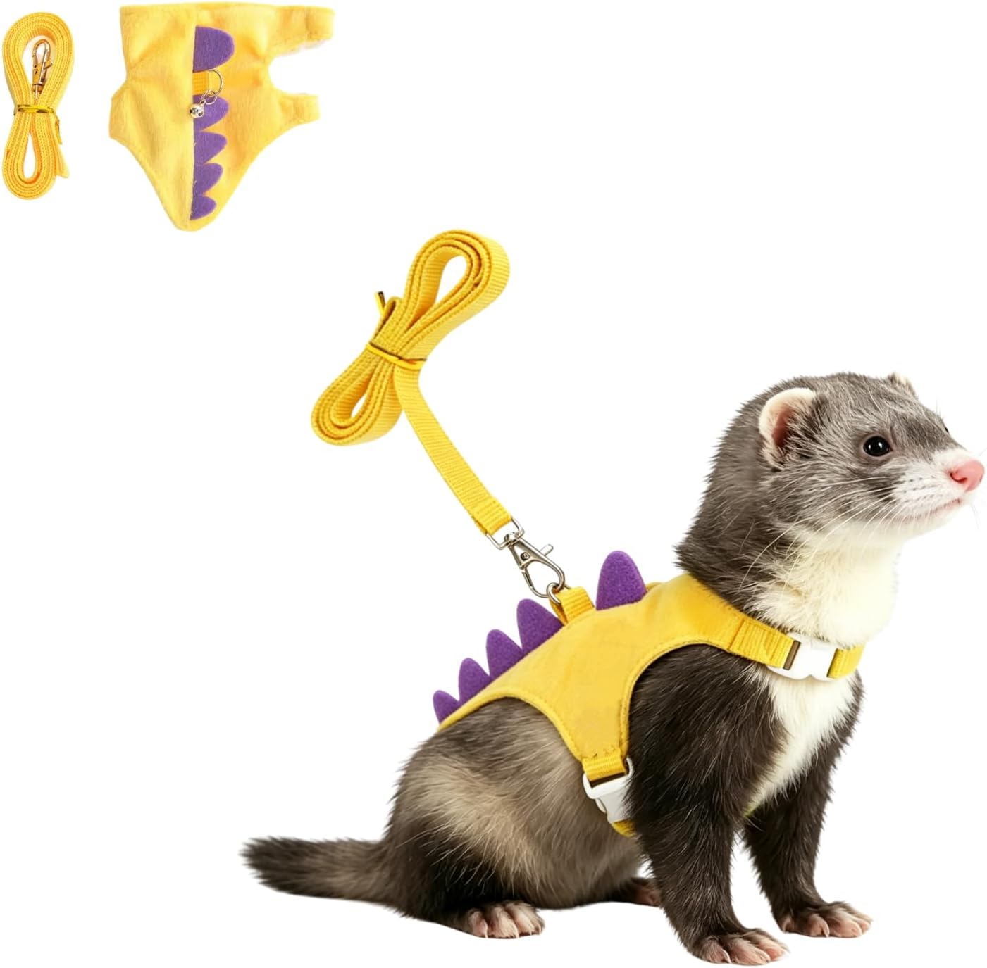 Ferret Harness and Leash Set Cute Dinosaur Design Soft Mesh Small Pet Harness Vest with Safe Bell Walking Clothes for Small Animals Ferret Rabbit Guinea Pig Squirrels (Yellow)