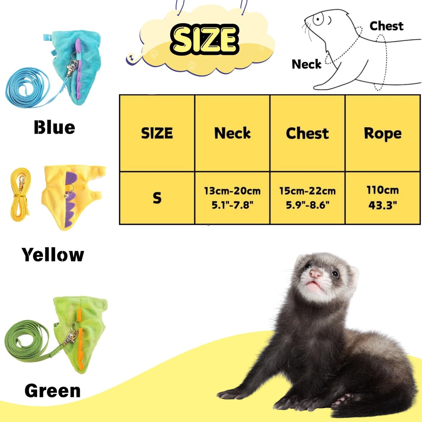 Ferret Harness and Leash Set Cute Dinosaur Design Soft Mesh Small Pet Harness Vest with Safe Bell Walking Clothes for Small Animals Ferret Rabbit Guinea Pig Squirrels (Yellow)