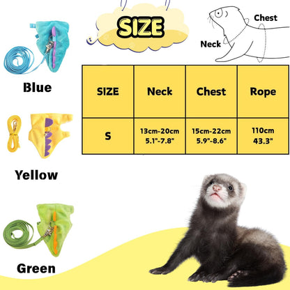 Ferret Harness and Leash Set Cute Dinosaur Design Soft Mesh Small Pet Harness Vest with Safe Bell Walking Clothes for Small Animals Ferret Rabbit Guinea Pig Squirrels (Yellow)