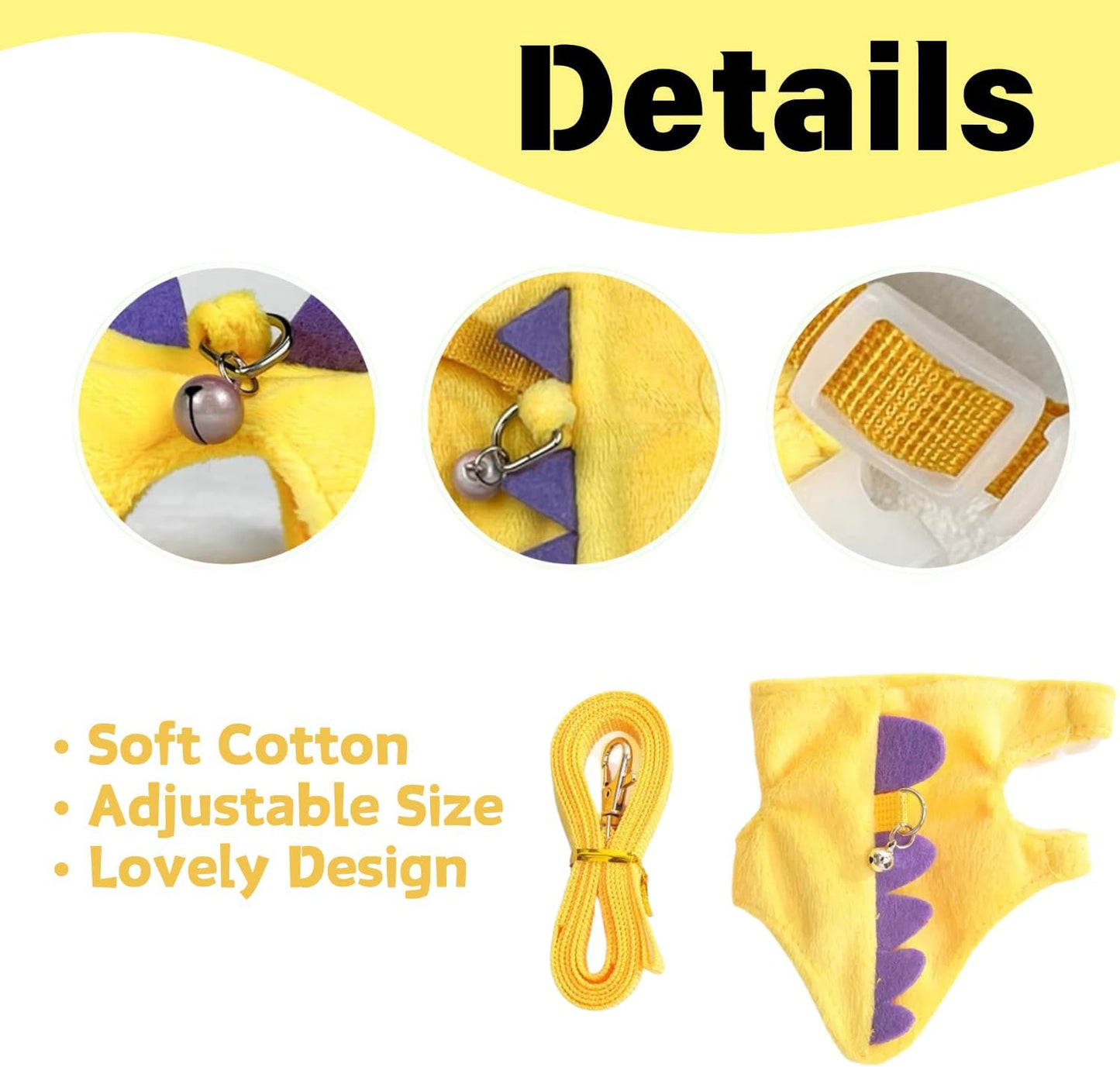Ferret Harness and Leash Set Cute Dinosaur Design Soft Mesh Small Pet Harness Vest with Safe Bell Walking Clothes for Small Animals Ferret Rabbit Guinea Pig Squirrels (Yellow)