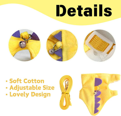 Ferret Harness and Leash Set Cute Dinosaur Design Soft Mesh Small Pet Harness Vest with Safe Bell Walking Clothes for Small Animals Ferret Rabbit Guinea Pig Squirrels (Yellow)