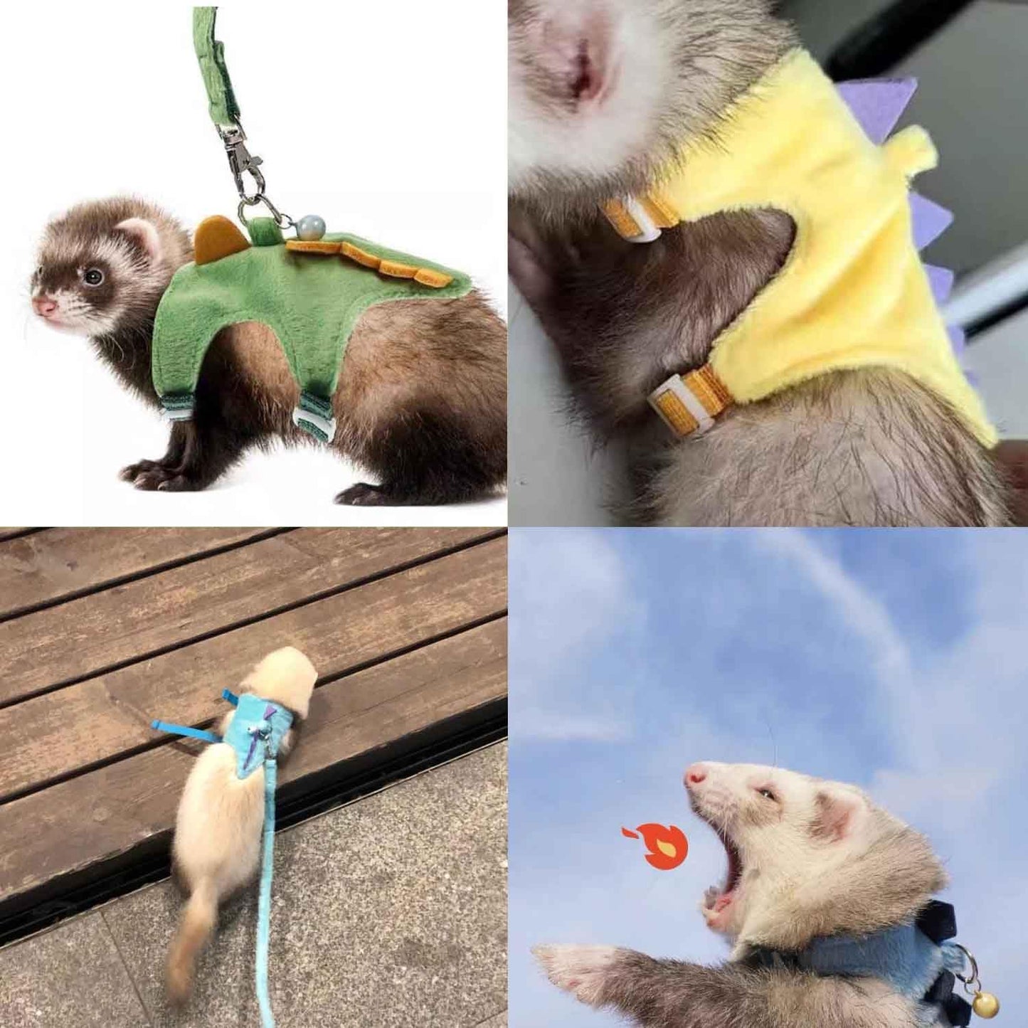 Ferret Harness and Leash Set Cute Dinosaur Design Soft Mesh Small Pet Harness Vest with Safe Bell Walking Clothes for Small Animals Ferret Rabbit Guinea Pig Squirrels (Yellow)