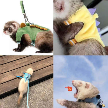Ferret Harness and Leash Set Cute Dinosaur Design Soft Mesh Small Pet Harness Vest with Safe Bell Walking Clothes for Small Animals Ferret Rabbit Guinea Pig Squirrels (Yellow)