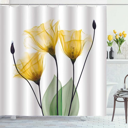 Yellow Tulip Floral Shower Curtain Watercolor Spring Flower Shower Curtains for Bathroom Waterproof Polyester Fabric Bathroom Curtain 72 x 72 Inch with 12 Hooks