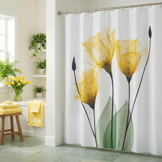 Yellow Tulip Floral Shower Curtain Watercolor Spring Flower Shower Curtains for Bathroom Waterproof Polyester Fabric Bathroom Curtain 72 x 72 Inch with 12 Hooks