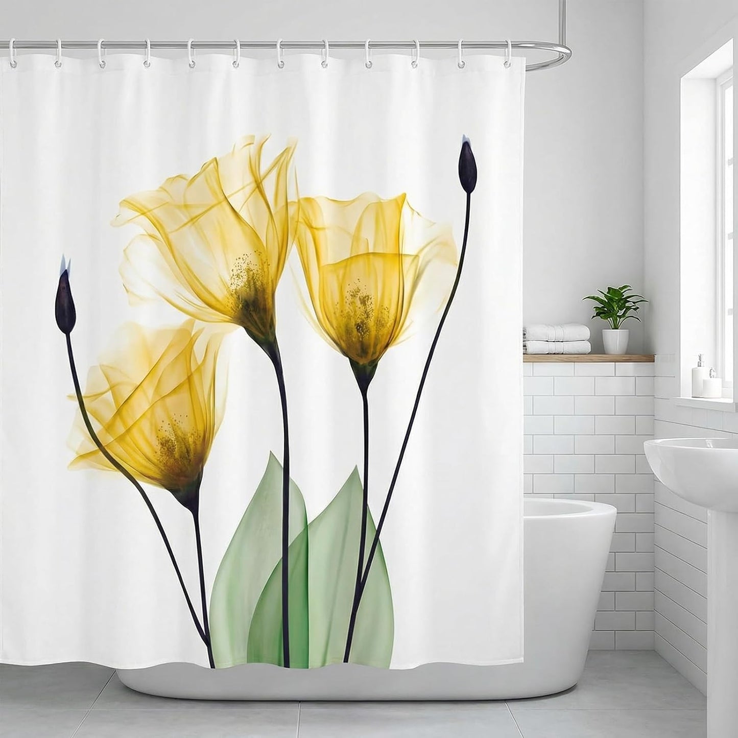 Yellow Tulip Floral Shower Curtain Watercolor Spring Flower Shower Curtains for Bathroom Waterproof Polyester Fabric Bathroom Curtain 72 x 72 Inch with 12 Hooks