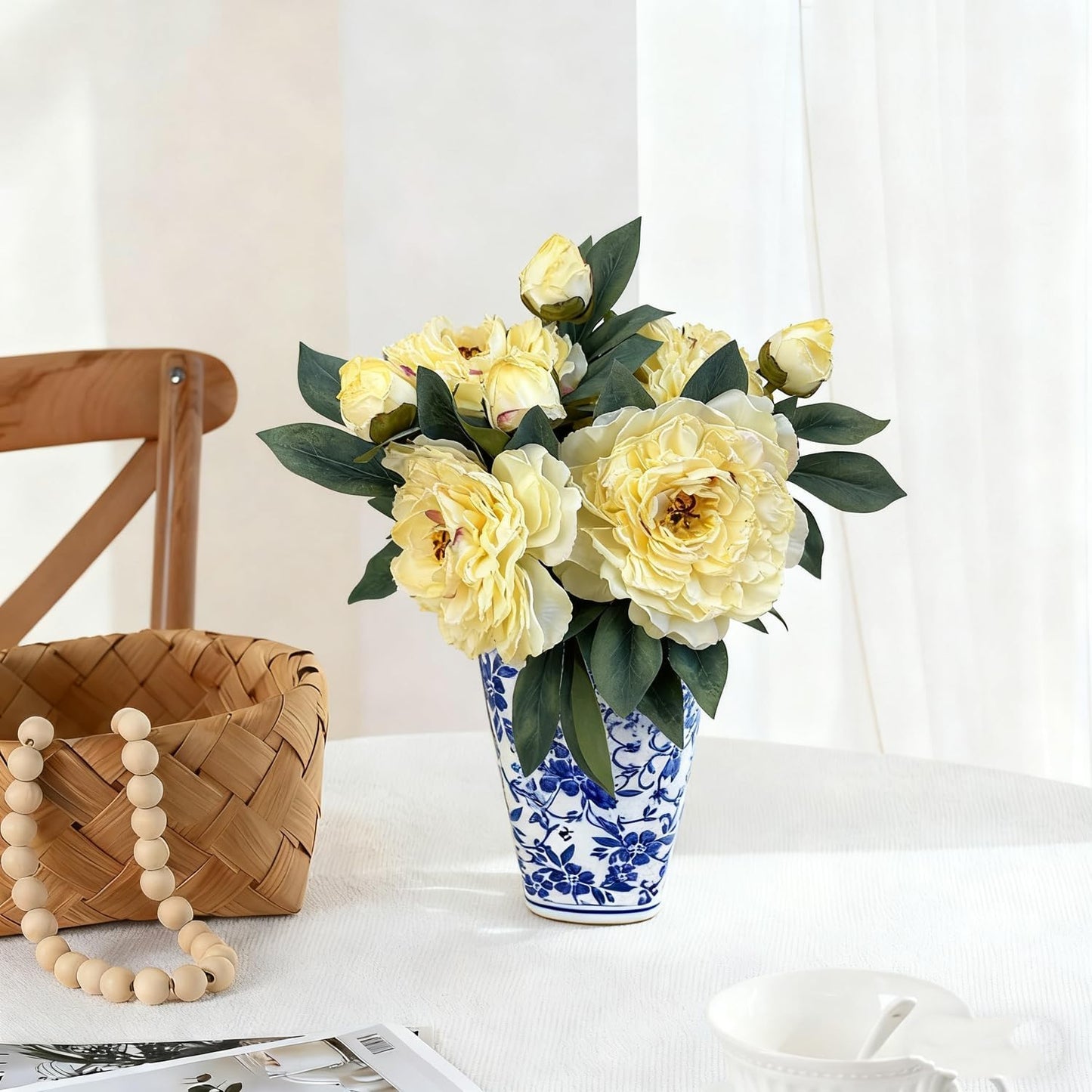 19.2" Realistic Artificial Silk Peonies Bouquet (4, Yellow) | 4-pack 19.2" realistic artificial silk peony flowers. Soft, silk petals perfect for vibrant centerpieces & festive decor.