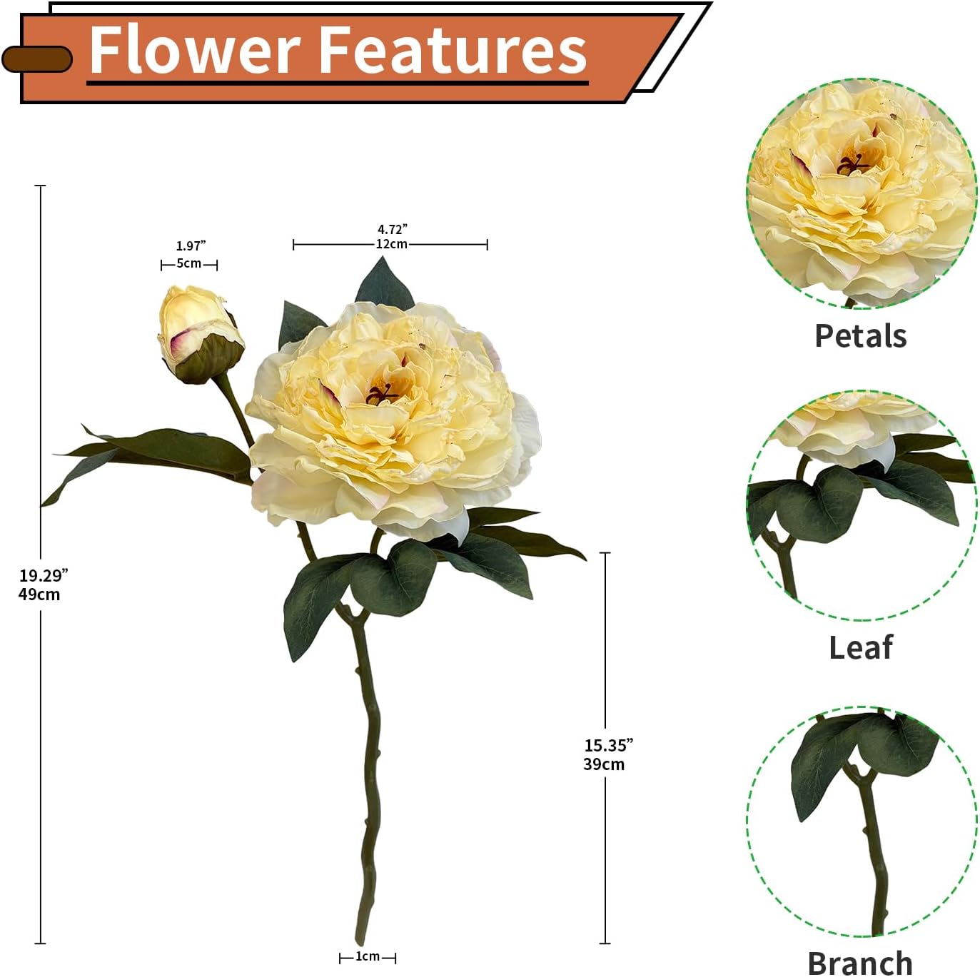 19.2" Realistic Artificial Silk Peonies Bouquet (4, Yellow) | 4-pack 19.2" realistic artificial silk peony flowers. Soft, silk petals perfect for vibrant centerpieces & festive decor.