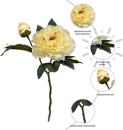 19.2" Realistic Artificial Silk Peonies Bouquet (4, Yellow) | 4-pack 19.2" realistic artificial silk peony flowers. Soft, silk petals perfect for vibrant centerpieces & festive decor.