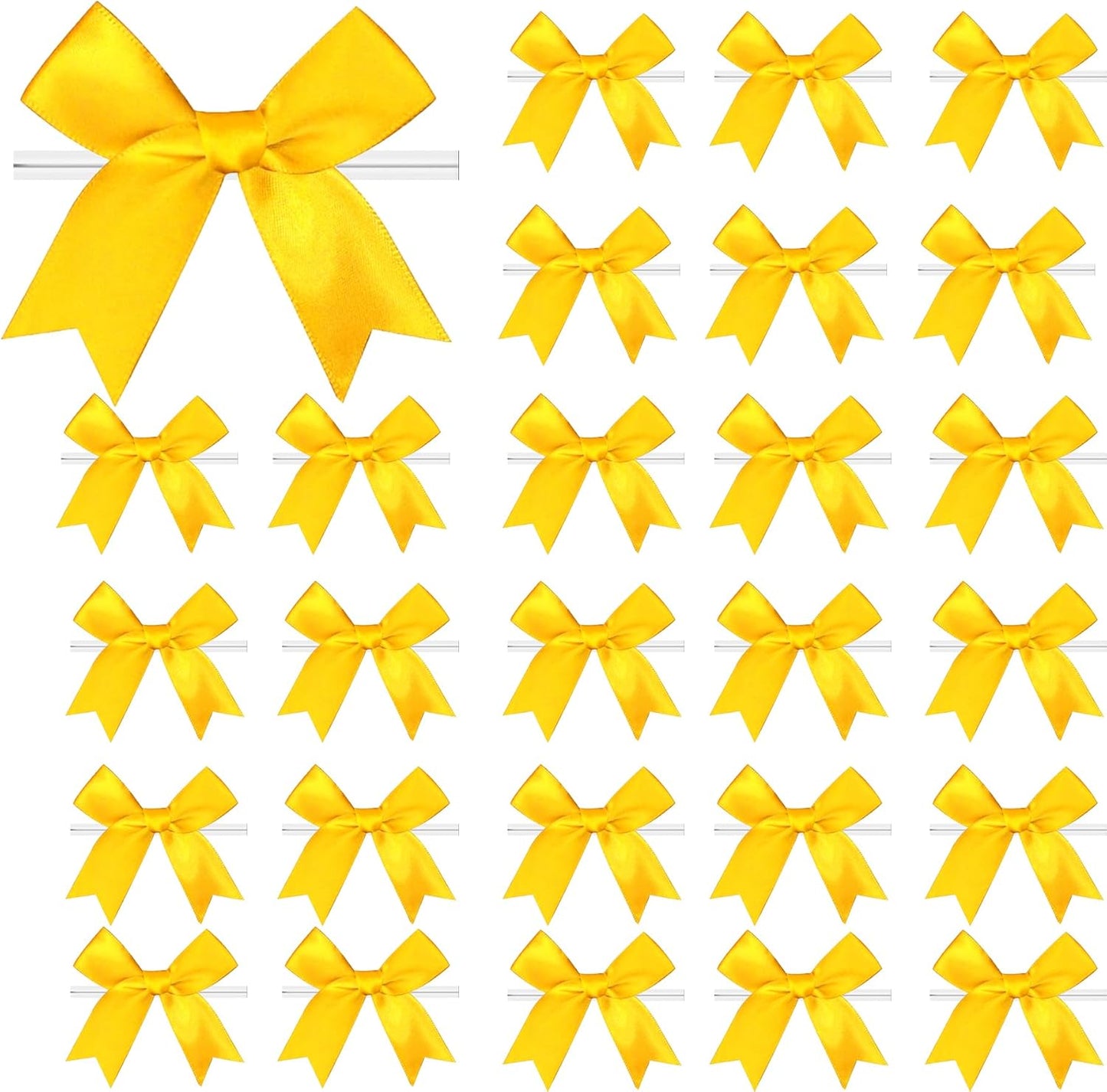 50 Pcs Twist Tie Bows Satin Ribbon Bow 3.3 Inch Gift Wrap Bow Craft Bows for Gift Wrapping, Party Decorations Gifts Bag DIY Treat Bags Yellow