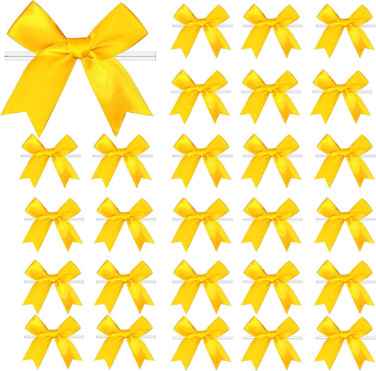 50 Pcs Twist Tie Bows Satin Ribbon Bow 3.3 Inch Gift Wrap Bow Craft Bows for Gift Wrapping, Party Decorations Gifts Bag DIY Treat Bags Yellow
