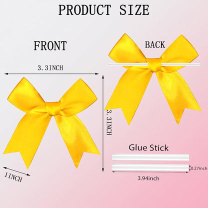 50 Pcs Twist Tie Bows Satin Ribbon Bow 3.3 Inch Gift Wrap Bow Craft Bows for Gift Wrapping, Party Decorations Gifts Bag DIY Treat Bags Yellow