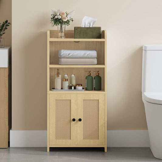 Small Bathroom Storage Cabinet, Bathroom Organizers and Storage with 2 Doors and Shelves, Floor Cabinet Freestanding with Adjustable Shelf for Small Spaces, Rattan Yellow