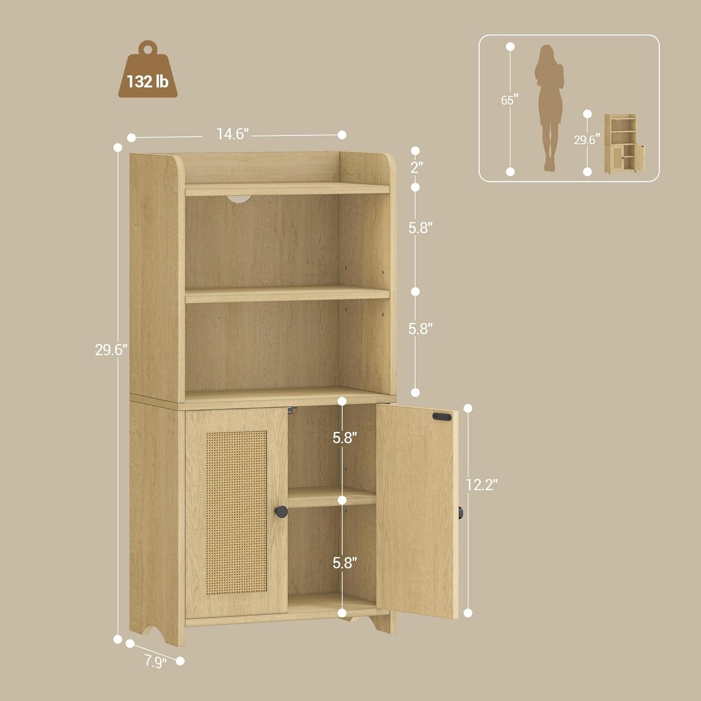 Small Bathroom Storage Cabinet, Bathroom Organizers and Storage with 2 Doors and Shelves, Floor Cabinet Freestanding with Adjustable Shelf for Small Spaces, Rattan Yellow