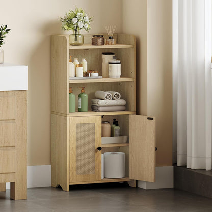 Small Bathroom Storage Cabinet, Bathroom Organizers and Storage with 2 Doors and Shelves, Floor Cabinet Freestanding with Adjustable Shelf for Small Spaces, Rattan Yellow