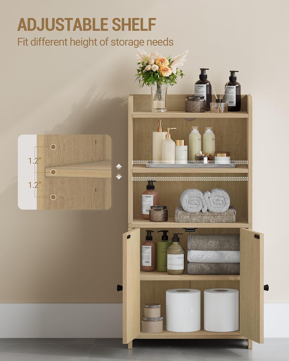 Small Bathroom Storage Cabinet, Bathroom Organizers and Storage with 2 Doors and Shelves, Floor Cabinet Freestanding with Adjustable Shelf for Small Spaces, Rattan Yellow