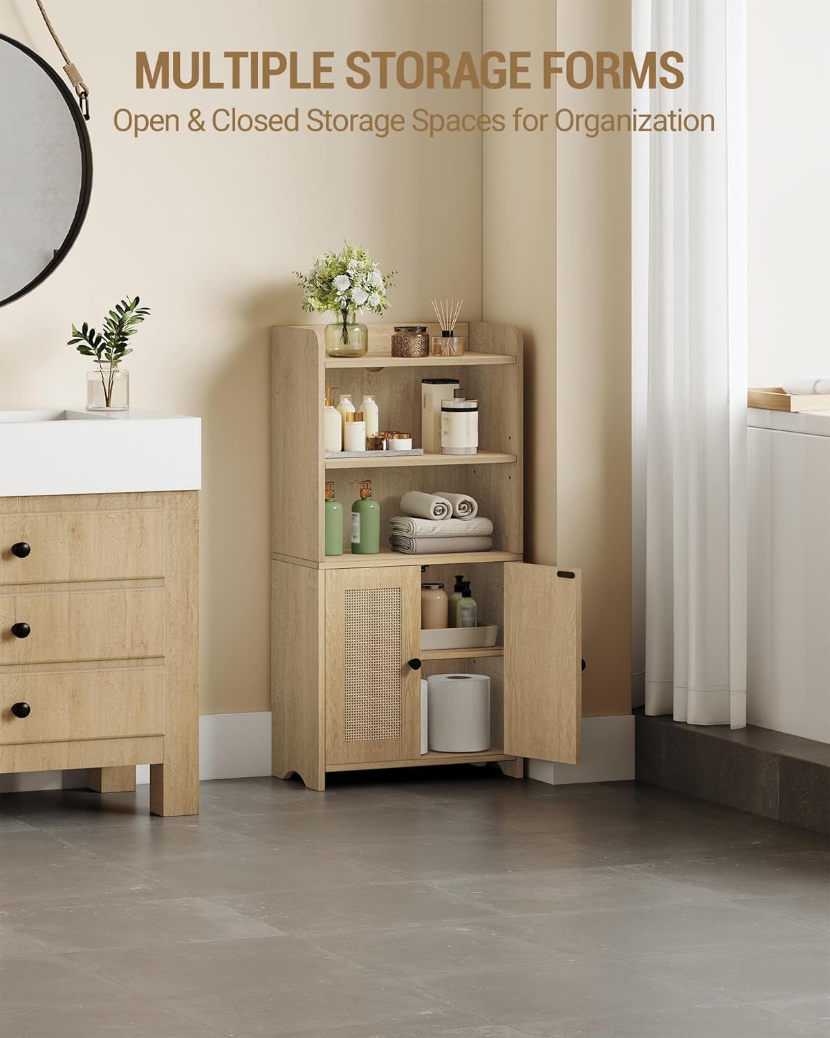 Small Bathroom Storage Cabinet, Bathroom Organizers and Storage with 2 Doors and Shelves, Floor Cabinet Freestanding with Adjustable Shelf for Small Spaces, Rattan Yellow