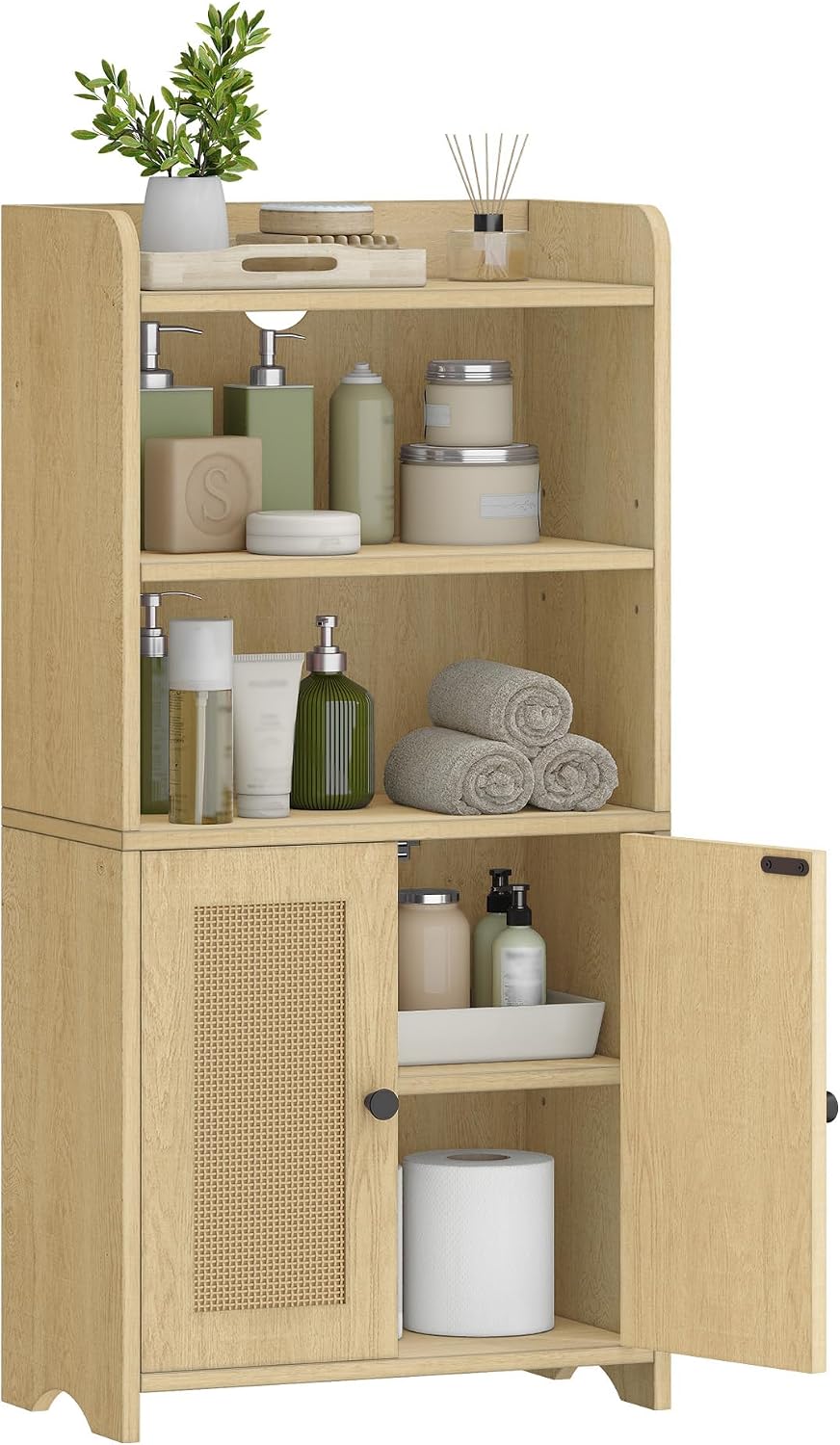 Small Bathroom Storage Cabinet, Bathroom Organizers and Storage with 2 Doors and Shelves, Floor Cabinet Freestanding with Adjustable Shelf for Small Spaces, Rattan Yellow