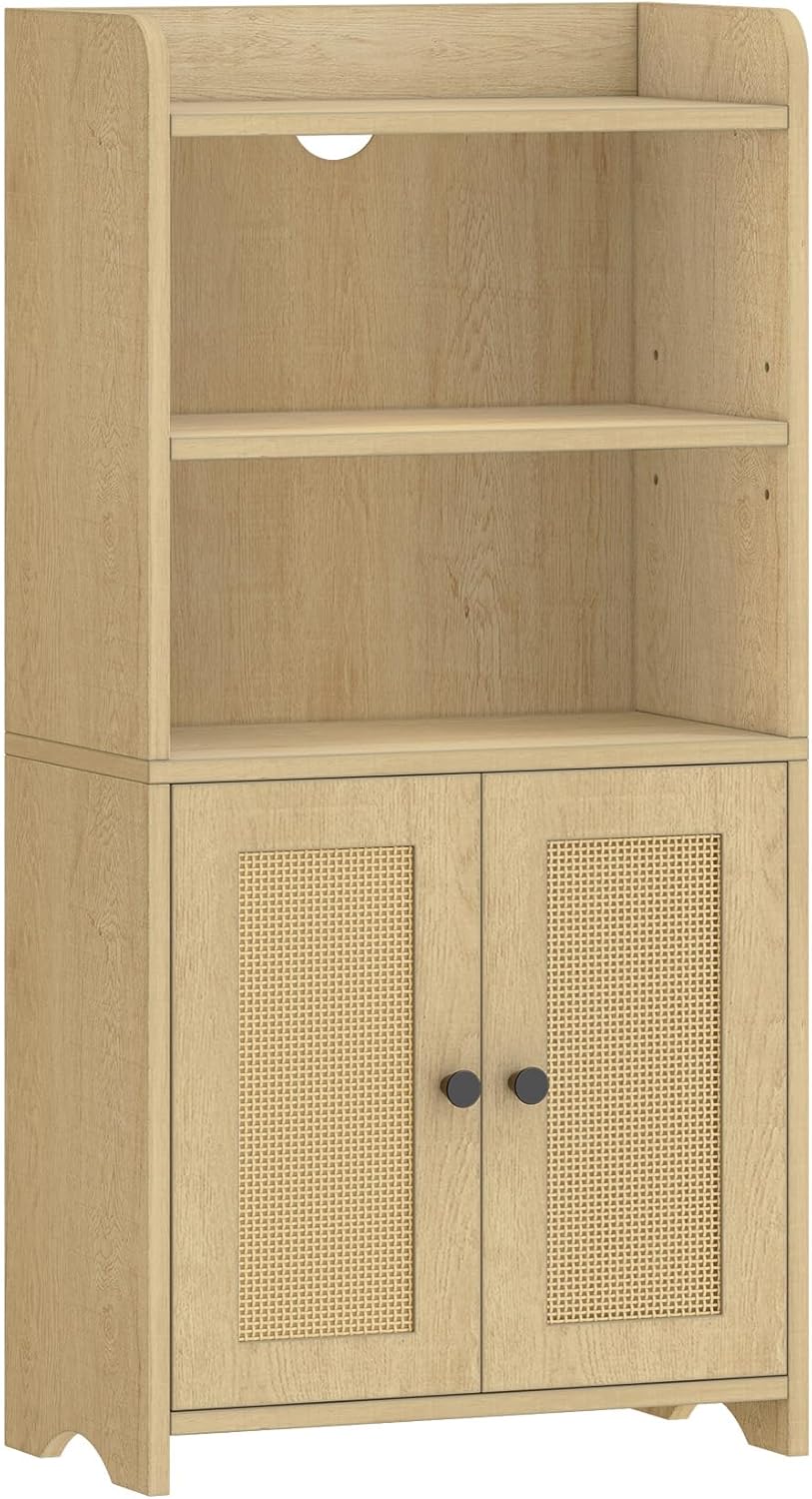 Small Bathroom Storage Cabinet, Bathroom Organizers and Storage with 2 Doors and Shelves, Floor Cabinet Freestanding with Adjustable Shelf for Small Spaces, Rattan Yellow
