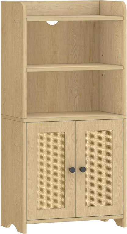 Small Bathroom Storage Cabinet, Bathroom Organizers and Storage with 2 Doors and Shelves, Floor Cabinet Freestanding with Adjustable Shelf for Small Spaces, Rattan Yellow