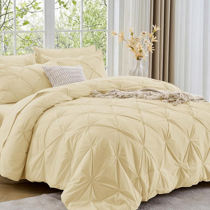 Queen Comforter Set, 7-Piece Bed in a Bag, Pintuck Bedding Sets for All Season, Includes Comforter, Flat Sheet, Fitted Sheet, Pillowcases and Pillowshams, Pale Yellow