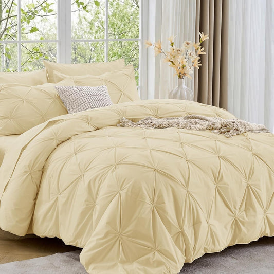 Queen Comforter Set, 7-Piece Bed in a Bag, Pintuck Bedding Sets for All Season, Includes Comforter, Flat Sheet, Fitted Sheet, Pillowcases and Pillowshams, Pale Yellow