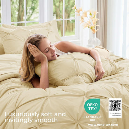 Queen Comforter Set, 7-Piece Bed in a Bag, Pintuck Bedding Sets for All Season, Includes Comforter, Flat Sheet, Fitted Sheet, Pillowcases and Pillowshams, Pale Yellow