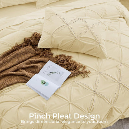 Queen Comforter Set, 7-Piece Bed in a Bag, Pintuck Bedding Sets for All Season, Includes Comforter, Flat Sheet, Fitted Sheet, Pillowcases and Pillowshams, Pale Yellow
