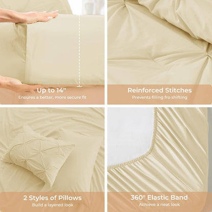 Queen Comforter Set, 7-Piece Bed in a Bag, Pintuck Bedding Sets for All Season, Includes Comforter, Flat Sheet, Fitted Sheet, Pillowcases and Pillowshams, Pale Yellow