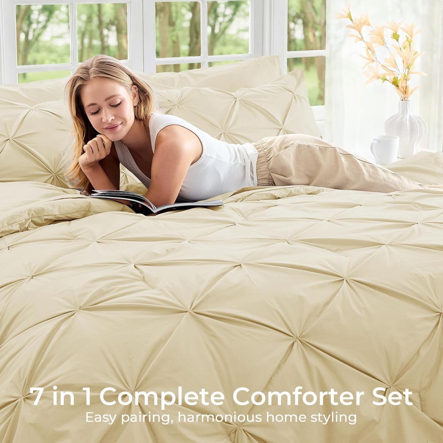 Queen Comforter Set, 7-Piece Bed in a Bag, Pintuck Bedding Sets for All Season, Includes Comforter, Flat Sheet, Fitted Sheet, Pillowcases and Pillowshams, Pale Yellow