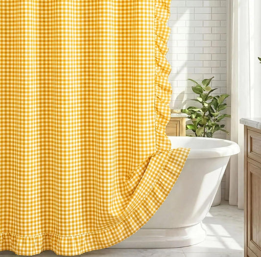 Ruffled Gingham Shower Curtain 72 x 72 Inch Yellow Cotton Vintage Farmhouse Cottage Core Rural Checkered Plaid Shower Curtain with 12 Hooks for Bathroom Bathtubs Decor