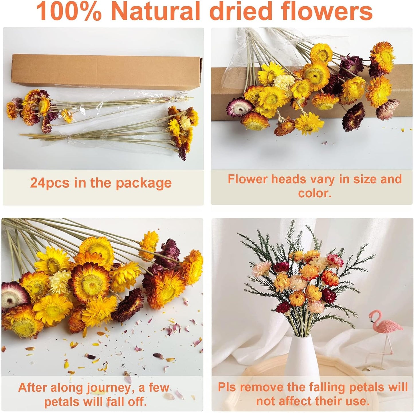 24 Pcs Dried Straw Flowers Daisy, Natural Orange Helichrysum Bouquet | Beautiful dried flowers for floral arrangements, vase filler, wedding décor, farmhouse displays and creative DIY projects.