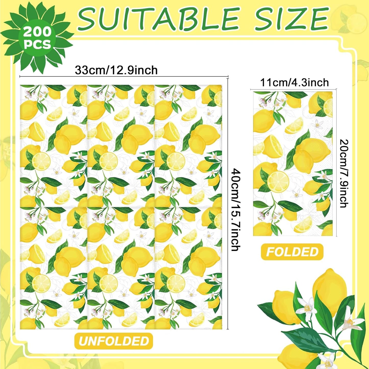 200Pcs Lemon Paper Napkins Disposable Lemon Hand towels Yellow Citrus Ornaments Guest Napkins for Bathroom Kitchen Decoration Summer Spring Tea Dinner Party Hand Towel Table Decorations