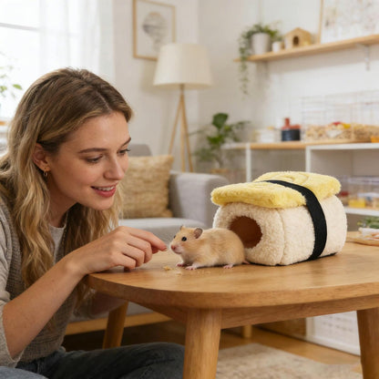 Sushi Shape Hamster Bed Hideout, Warm Cozy Hideout House for Small Animals, Plush Guinea Pig Cave Bed, Comfortable Guinea Pig Sleeping Nest for Hamster Ferret Gerbil Chinchilla (Yellow)