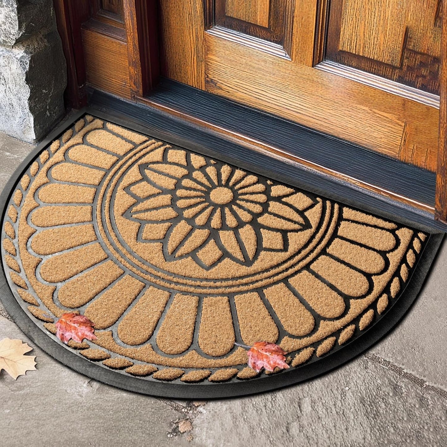 Front Door Mat Indoor Outdoor Entrance, Semicircular Entrance Mat, Half Round Waterproo Non-Slip Durable Rubber Door Mats, Low Profile Heavy Duty Doormat for Garage, Patio, 30" x 18", Yellow