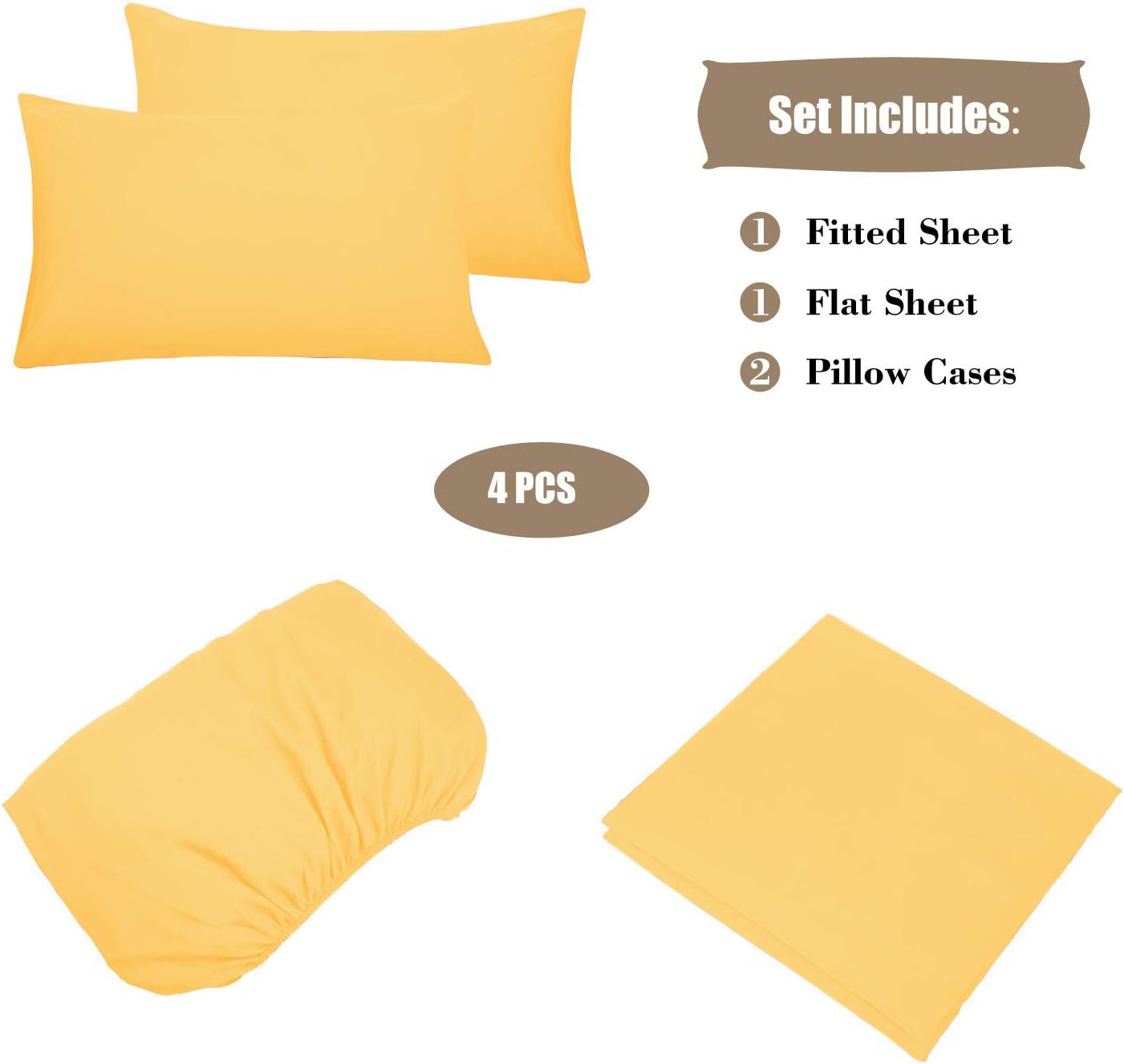 4 Piece Bed Sheet Set (Queen,Yellow) 1 Flat Sheet,1 Fitted Sheet and 2 Pillow Cases,100% Brushed Microfiber 1800 Luxury Bedding,Deep Pockets,Extra Soft & Fade Resistant