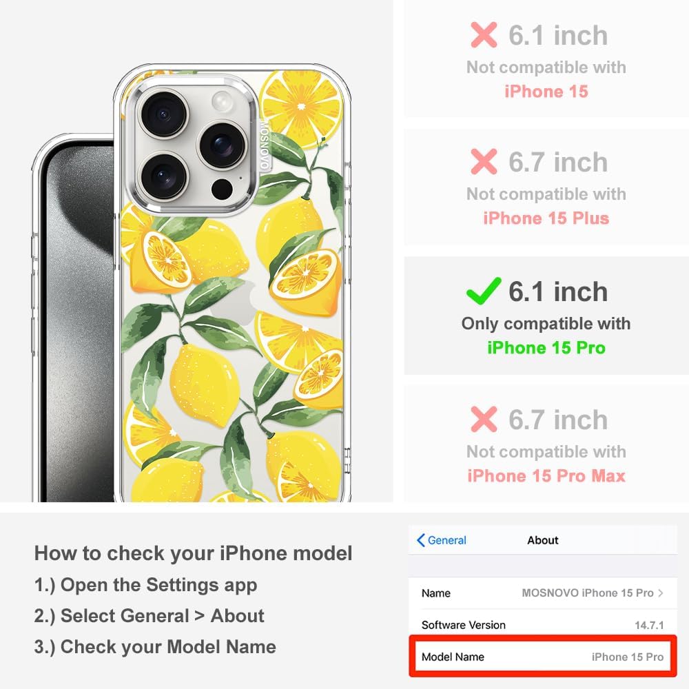 Case for iPhone 15 Pro, [Buffertech 6.6ft Military-Grade Drop Protection] [Anti Peel Off Tech] Clear TPU Bumper Phone Case Cover Design - Lemon
