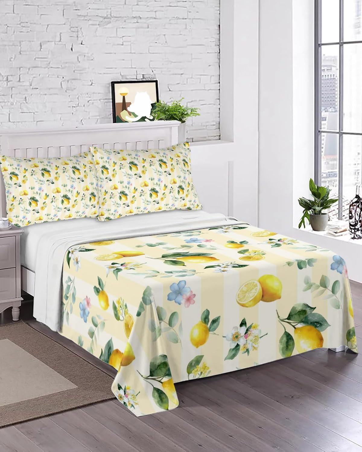 Queen Size Top Sheet Only, Summer Lemon Leaves Flower Flat Sheet Microfiber Breathable Soft Bed Sheets, Watercolor Yellow Stripes Hotel Bedding Flat Sheets for Bedroom
