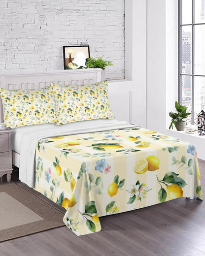Queen Size Top Sheet Only, Summer Lemon Leaves Flower Flat Sheet Microfiber Breathable Soft Bed Sheets, Watercolor Yellow Stripes Hotel Bedding Flat Sheets for Bedroom