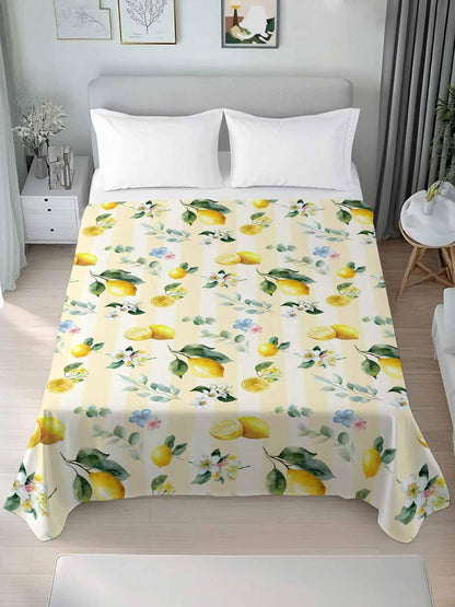 Queen Size Top Sheet Only, Summer Lemon Leaves Flower Flat Sheet Microfiber Breathable Soft Bed Sheets, Watercolor Yellow Stripes Hotel Bedding Flat Sheets for Bedroom