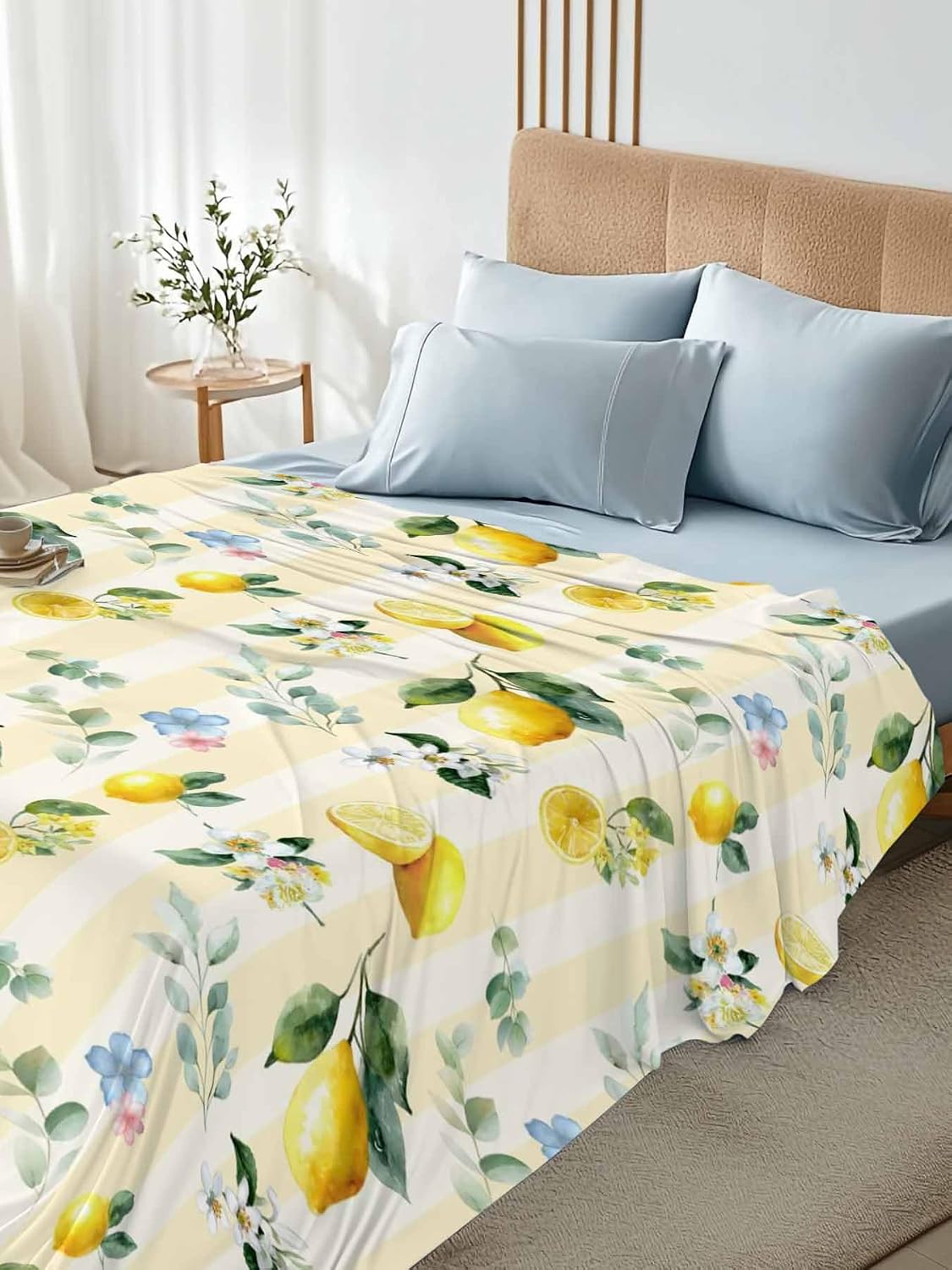 Queen Size Top Sheet Only, Summer Lemon Leaves Flower Flat Sheet Microfiber Breathable Soft Bed Sheets, Watercolor Yellow Stripes Hotel Bedding Flat Sheets for Bedroom