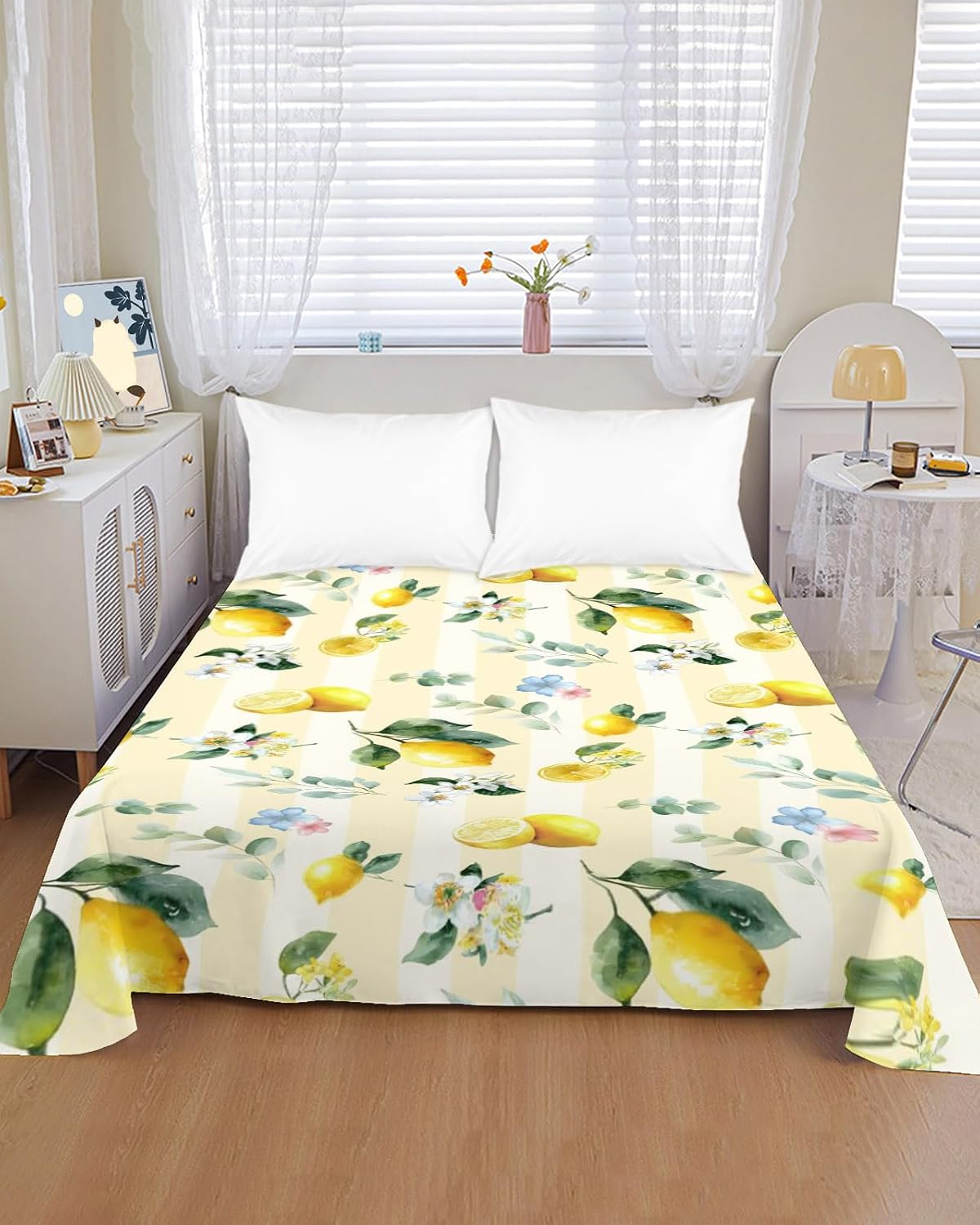 Queen Size Top Sheet Only, Summer Lemon Leaves Flower Flat Sheet Microfiber Breathable Soft Bed Sheets, Watercolor Yellow Stripes Hotel Bedding Flat Sheets for Bedroom