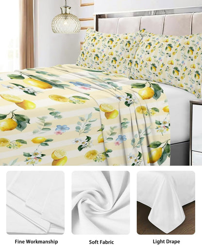 Queen Size Top Sheet Only, Summer Lemon Leaves Flower Flat Sheet Microfiber Breathable Soft Bed Sheets, Watercolor Yellow Stripes Hotel Bedding Flat Sheets for Bedroom