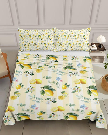 Queen Size Top Sheet Only, Summer Lemon Leaves Flower Flat Sheet Microfiber Breathable Soft Bed Sheets, Watercolor Yellow Stripes Hotel Bedding Flat Sheets for Bedroom