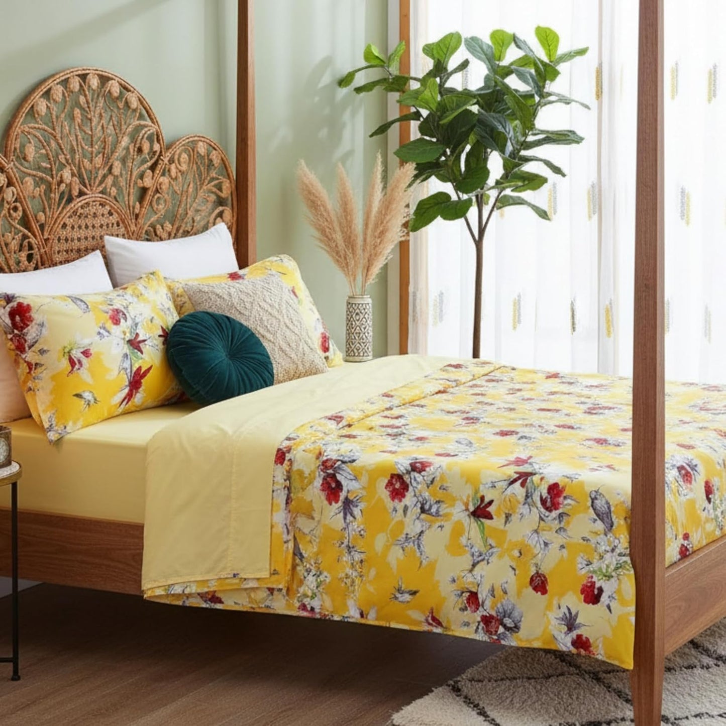 DaDa Bedding Radiant Sunshine Hummingbirds Bed Sheets, Yellow, Queen | Multi-Colorful Red Flowers, Fitted and Flat Sheets, With Pillow Cases, 4-Pieces