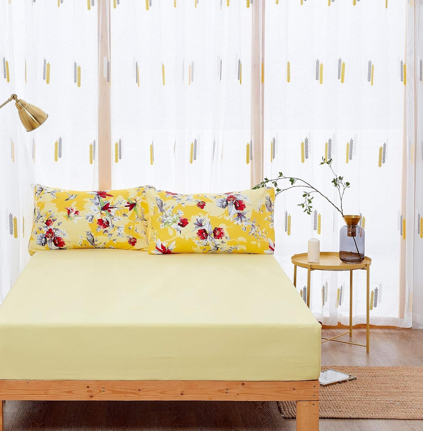 DaDa Bedding Radiant Sunshine Hummingbirds Bed Sheets, Yellow, Queen | Multi-Colorful Red Flowers, Fitted and Flat Sheets, With Pillow Cases, 4-Pieces