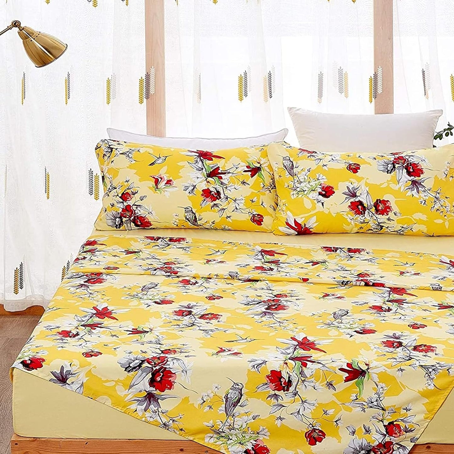 DaDa Bedding Radiant Sunshine Hummingbirds Bed Sheets, Yellow, Queen | Multi-Colorful Red Flowers, Fitted and Flat Sheets, With Pillow Cases, 4-Pieces