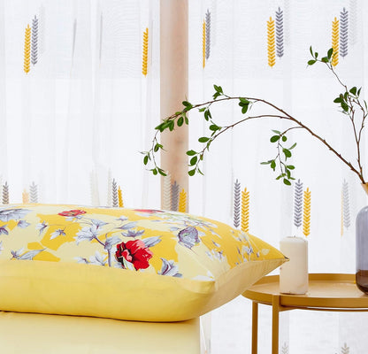 DaDa Bedding Radiant Sunshine Hummingbirds Bed Sheets, Yellow, Queen | Multi-Colorful Red Flowers, Fitted and Flat Sheets, With Pillow Cases, 4-Pieces