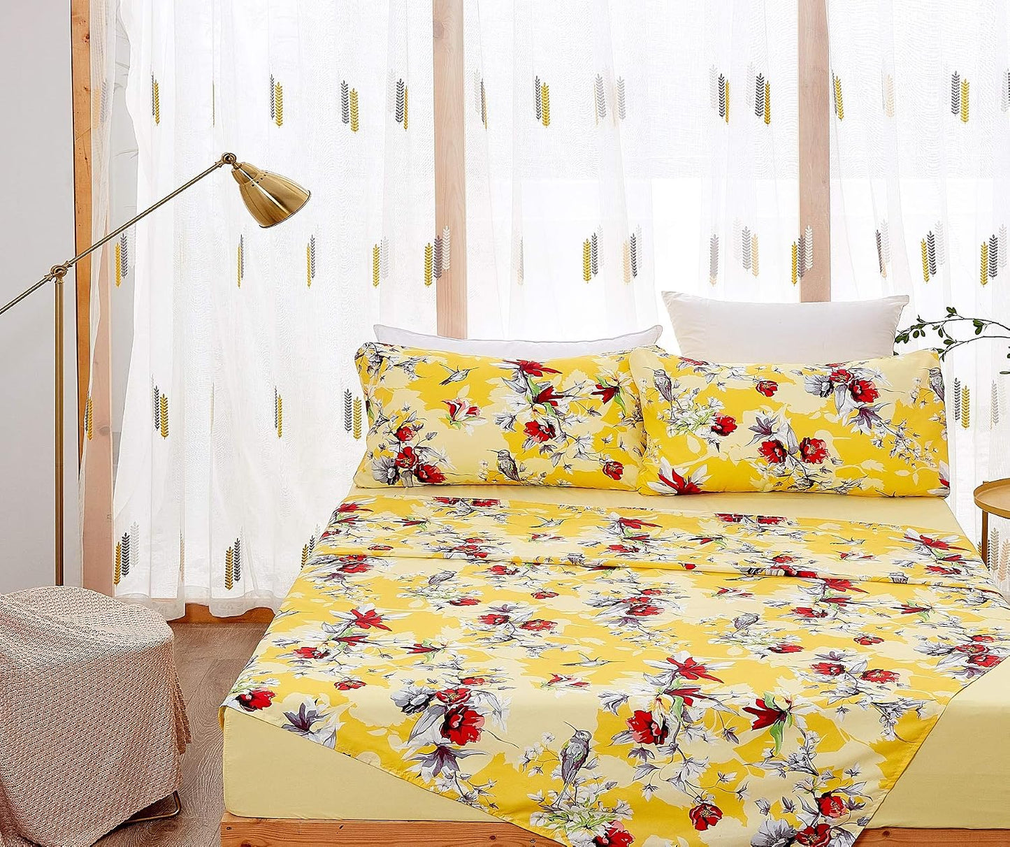 DaDa Bedding Radiant Sunshine Hummingbirds Bed Sheets, Yellow, Queen | Multi-Colorful Red Flowers, Fitted and Flat Sheets, With Pillow Cases, 4-Pieces