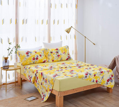 DaDa Bedding Radiant Sunshine Hummingbirds Bed Sheets, Yellow, Queen | Multi-Colorful Red Flowers, Fitted and Flat Sheets, With Pillow Cases, 4-Pieces